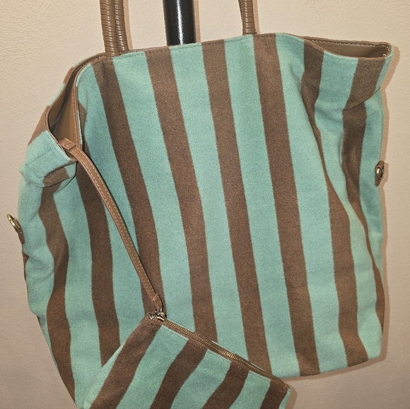 NWOT Anthropologie Turquoise and Brown Striped Tote Bag w/ Pouch - Picture 3 of 6